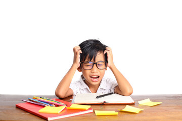 Stressed asian boy studying while holding his head. Isolated on white background