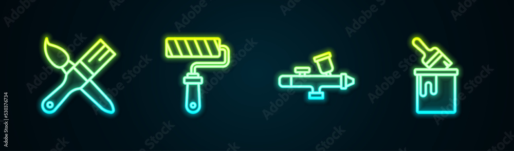 Wall mural Set line Paint brush, roller, spray gun and bucket with. Glowing neon icon. Vector