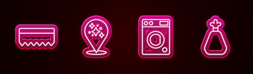 Set line Sponge, Home cleaning service, Washer and Garbage bag. Glowing neon icon. Vector