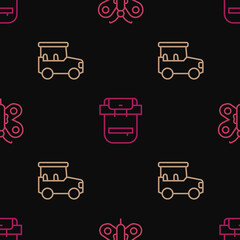 Set line Butterfly, Safari car and Hiking backpack on seamless pattern. Vector