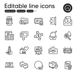 Obraz na płótnie Canvas Set of Business outline icons. Contains icons as Sign out, Parcel tracking and Crowdfunding elements. Payment exchange, Augmented reality, 360 degrees web signs. Presentation. Vector