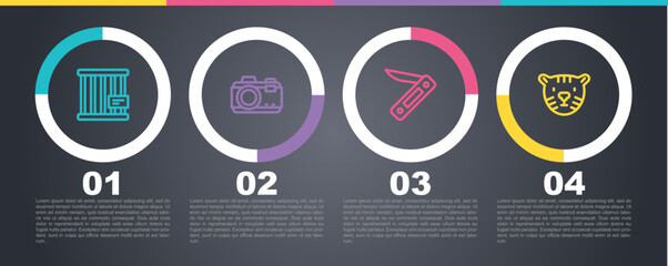 Set line Animal cage, Photo camera, Swiss army knife and Tiger head. Business infographic template. Vector