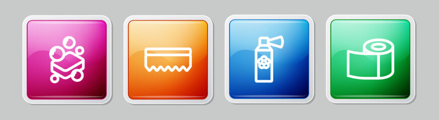 Set line Bar of soap, Sponge, Air freshener spray bottle and Toilet paper roll. Colorful square button. Vector