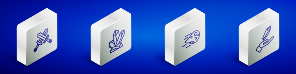 Set Isometric line Crossed medieval sword, Magic stone, Fireball and icon. Vector