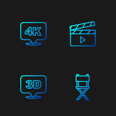 Set line Director movie chair, 3D word, 4k Ultra HD and Movie clapper. Gradient color icons. Vector