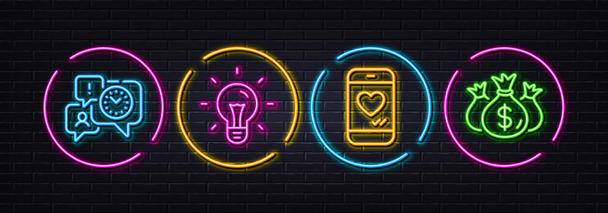 Naklejka premium Idea, Time management and Love chat minimal line icons. Neon laser 3d lights. Check investment icons. For web, application, printing. Light bulb, Office chat, Smartphone. Business report. Vector