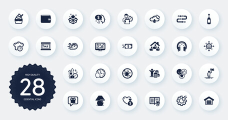 Set of Business icons, such as Money transfer, Donation and Bed bugs flat icons. Analytics graph, Speedometer, Parking garage web elements. Seo gear, Wish list, Budget profit signs. Vector