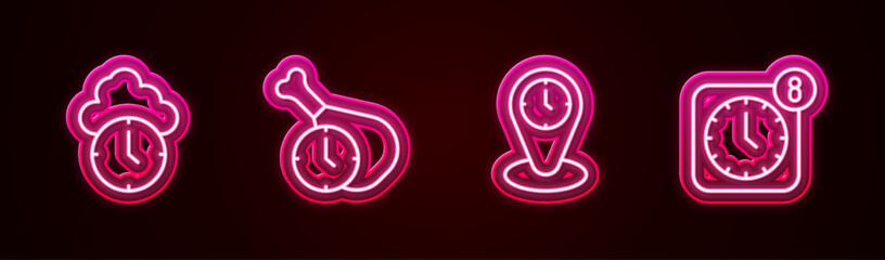 Set line Clock, Food time, Time zone clocks and Alarm app mobile. Glowing neon icon. Vector