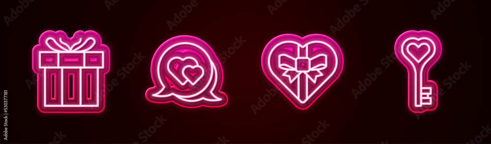 Poster Set line Gift box, Heart in speech bubble, Candy heart shaped and Key. Glowing neon icon. Vector