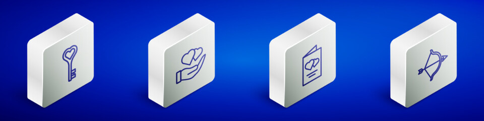 Fototapeta premium Set Isometric line Key in heart shape, Heart hand, Valentines day flyer and Bow arrow icon. Vector