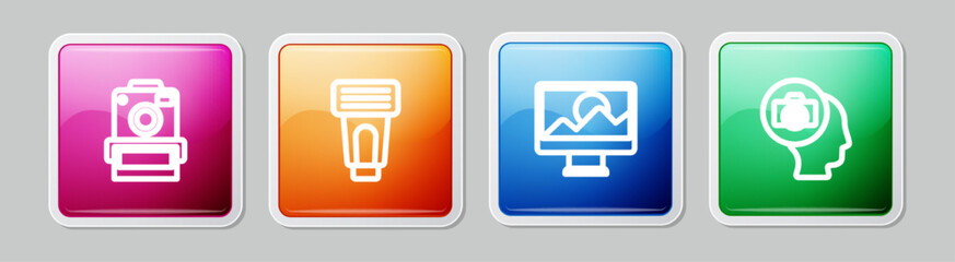 Set line Photo camera, flash, retouching and . Colorful square button. Vector