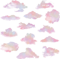 set of different clouds shapes with unicorn pink pastel colors
