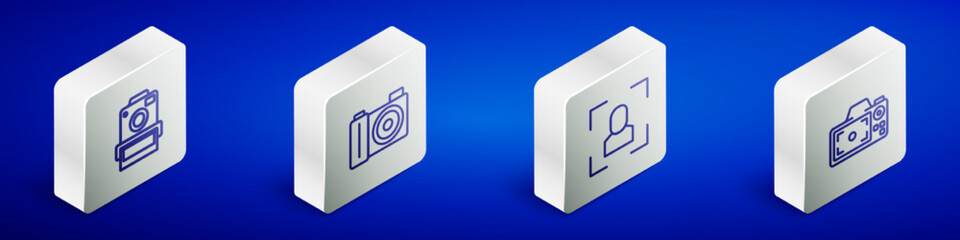 Set Isometric line Photo camera, Camera focus frame line and icon. Vector