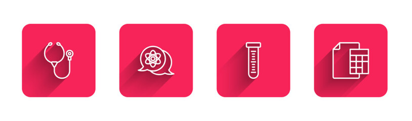 Set line Stethoscope, Atom, Test tube and Calculator with long shadow. Red square button. Vector