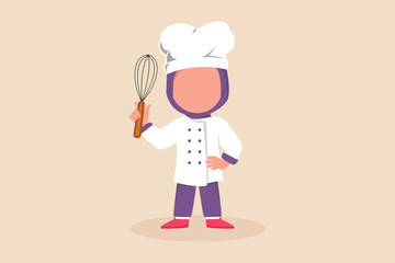 Happy little girl chef wearing chef uniform and holding manual mixer. Cooking concept. Vector illustration.