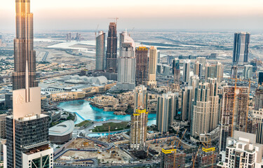 Aerial Dubai lake and fountain Burj Khalifa UAE