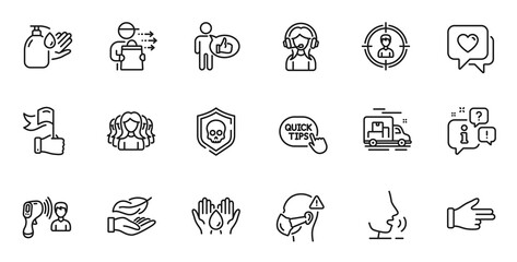 Outline set of Heart, Safe water and Like line icons for web application. Talk, information, delivery truck outline icon. Include Wash hands, Quick tips, Click hand icons. Vector