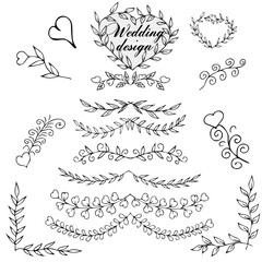 Set, beautiful stylized wedding, festive design for decoration of holiday invitations, cards, dividers, floral tender branches. Modern beautiful templates. Original hand drawing.Isolated on background
