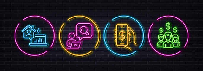 Money app, Work home and Inspect minimal line icons. Neon laser 3d lights. Salary employees icons. For web, application, printing. Smartphone cash, Outsource work, Search info. People earnings. Vector