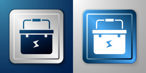 White Toolbox electrician icon isolated on blue and grey background. Silver and blue square button. Vector
