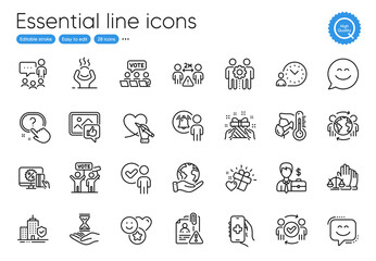 People chatting, Gift and Search employee line icons. Collection of Court jury, Time management, Like photo icons. Businessman case, Save planet, User notification web elements. Vector