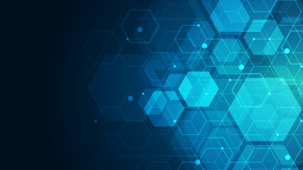 Hexagons pattern on blue background. Genetic research, molecular structure. Chemical engineering. Concept of innovation technology. Used for design healthcare, science and medicine background