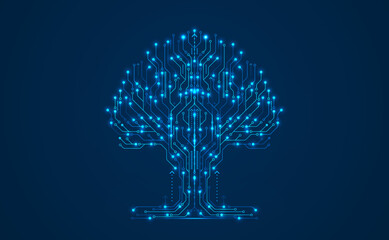 Technology big data tree network on blue background. Digital circuit board internet connection. Hi-tech