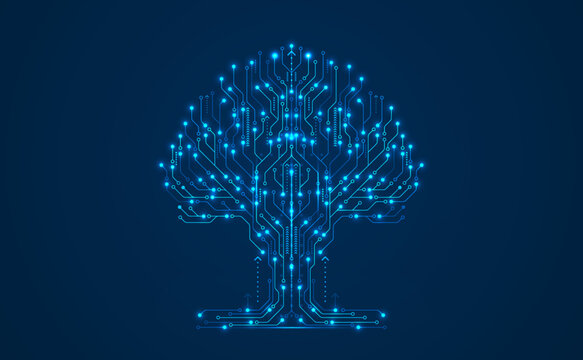 Technology Big Data Tree Network On Blue Background. Digital Circuit Board Internet Connection. Hi-tech