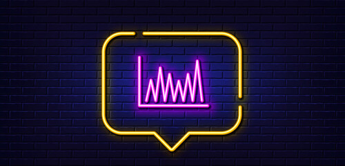 Neon light speech bubble. Line chart icon. Financial growth graph sign. Stock exchange symbol. Neon light background. Line graph glow line. Brick wall banner. Vector