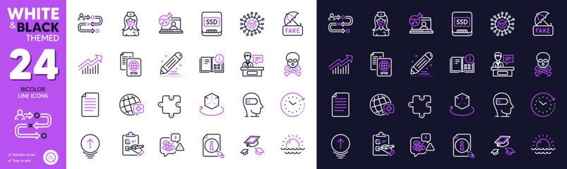 Brand contract, Puzzle and Fake news line icons for website, printing. Collection of Stress, Sunset, Time change icons. Swipe up, Coronavirus, Augmented reality web elements. Search. Vector