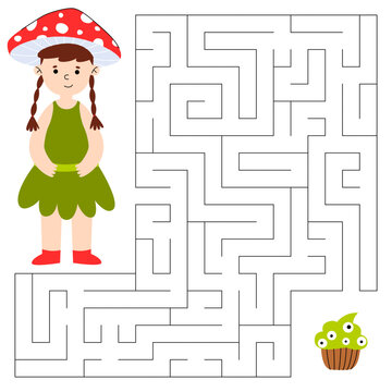 Maze game for children. Cute boy in costume mushroom looking for a way to the zombe cupcake. Children's educational game.
