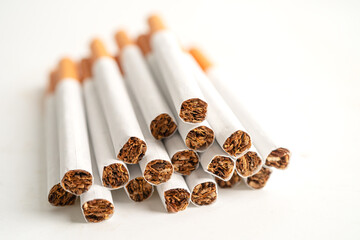 Cigarette, tobacco in roll paper with filter tube isolated on white background, No smoking concept.