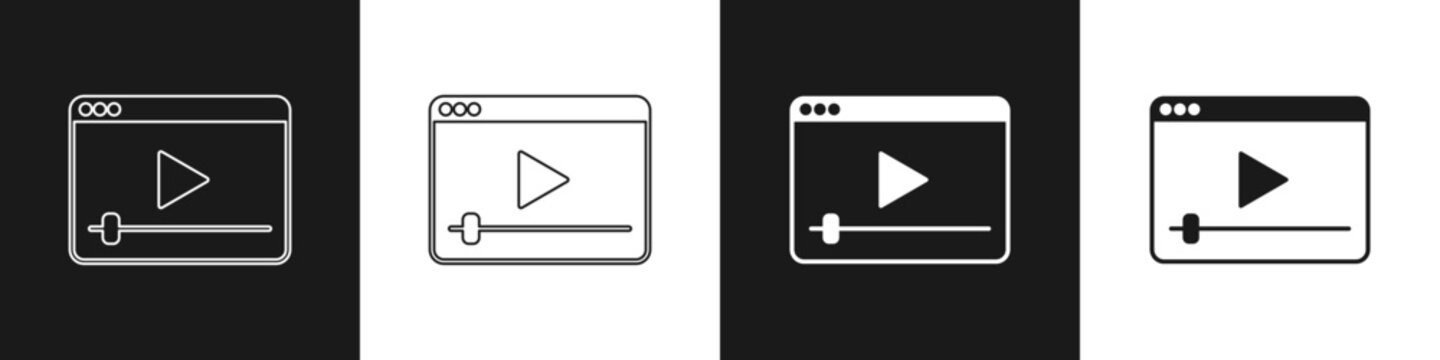 Set Online play video icon isolated on black and white background. Film strip with play sign. Vector