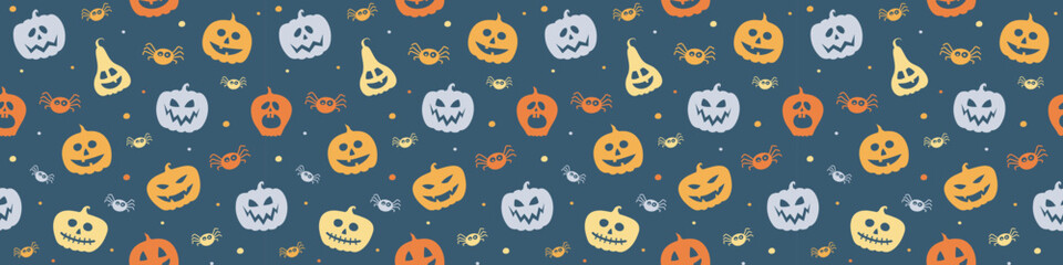 Banner with funny pumpkin lanterns and spiders. Halloween seamless pattern. Vector