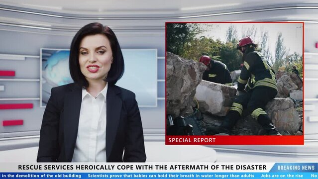 Woman TV presenter reporting news about rescuers and aftermath of disaster from studio on live news television channel