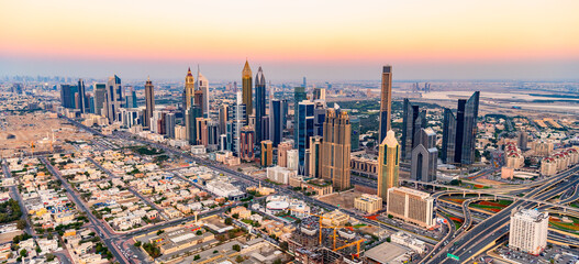 Aerial cityscape sunset view of Dubai city UAE