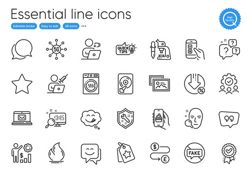 Search, Money transfer and Loan percent line icons. Collection of Approved award, Spanner, Dryer machine icons. Loyalty tags, Video conference, Quote bubble web elements. Photo album. Vector