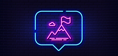 Neon light speech bubble. Mountain flag line icon. Goal challenge sign. Leadership symbol. Neon light background. Mountain flag glow line. Brick wall banner. Vector