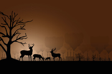 Fototapeta na wymiar Silhouette of deer and dead trees with air pollution caused by factory in background , global warming causes