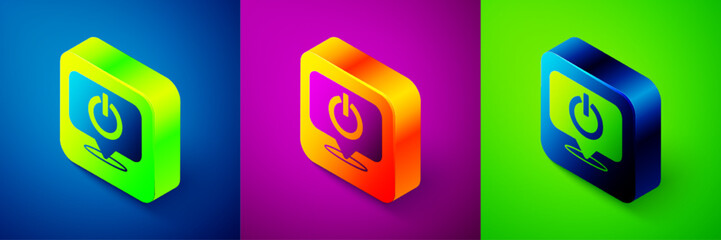 Isometric Power button icon isolated on blue, purple and green background. Start sign. Square button. Vector