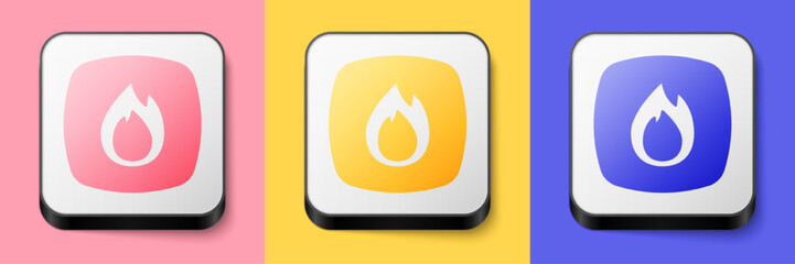 Isometric Fire flame icon isolated on pink, yellow and blue background. Square button. Vector
