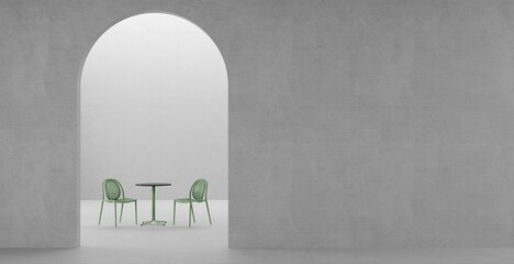 3D render empty white room with arch door wall design, concrete floor, green garden furniture table with chairs in the background, perspective of minimal design. Illustration	