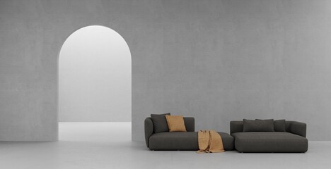 3D render empty white room with arch door wall design, concrete floor, textured gray sofa with orange knitted plaid, corridor, perspective of minimal design. Illustration	