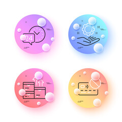 Wholesale goods, Card and Employee hand minimal line icons. 3d spheres or balls buttons. 24h service icons. For web, application, printing. Warehouse inventory, Bank payment, Work gear. Vector