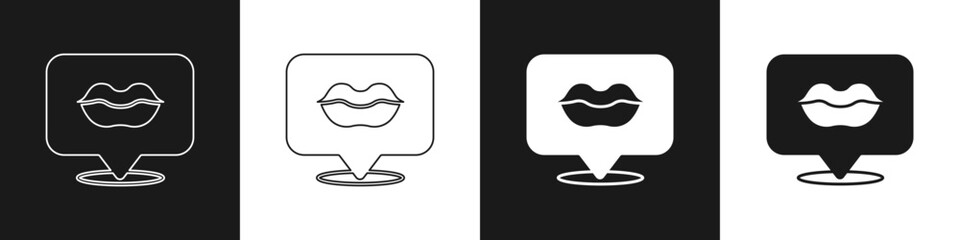 Set Smiling lips icon isolated on black and white background. Smile symbol. Vector