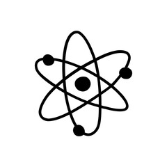 Atom symbol. Education theme, getting knowledge, chemistry or physics, biotechnology, quantum energy. Vector black and white isolated illustration hand drawn doodle. Single icon
