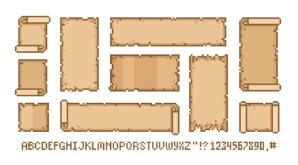 Vintage pixel ribbons and scrolls in 8-bit game style. Ancient manuscripts, blank parchment banners. Retro game assets. Editable vector