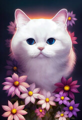 Adorable white kitty cat surrounded with flowers
