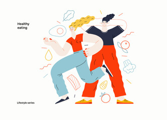 Lifestyle series - Healthy eating - modern flat vector illustration of a woman and a man practicing healthy balanced diet. People activities concept