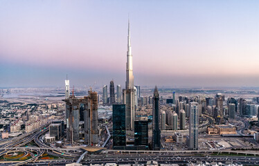 Fototapeta na wymiar Aerial sunset view of Sheikh Zayed Road Dubai